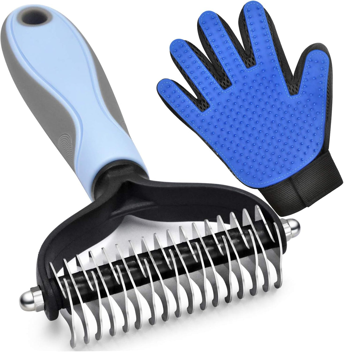 Deshedding Dog Brush, Undercoat Rake for Cats & Dogs - Blue(Rake + Glove)