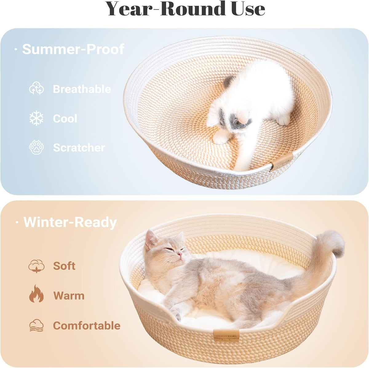 Handwoven Cat Basket Bed Cooling for Indoor Cat with Cushion – Essentials for Cats - White - image 2