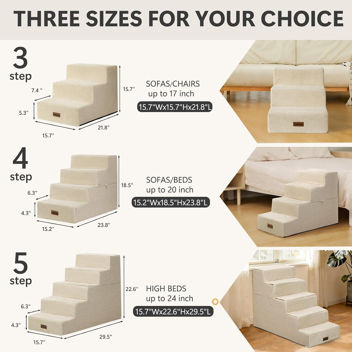Dog Steps for High Bed, 5-Step Pet Stairs for Small Dogs and Cats – Essentials for Cats - Beige / 5 - image 3