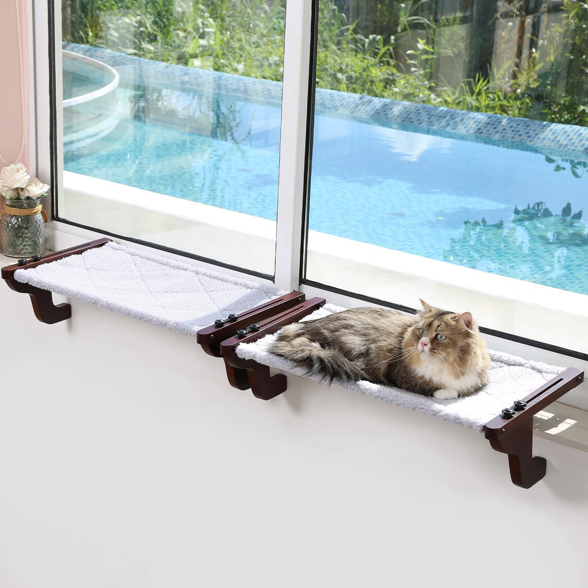 Zakkart 2-PC Easy Seat Cat Perch for Windowsill – Essentials for Cats - Dark Stained Wood w/ Gray Bed / Medium 2PC