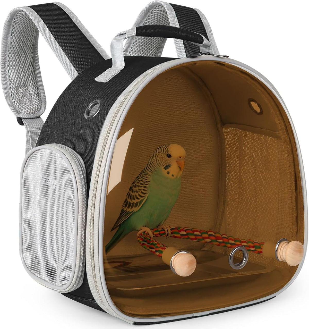 Small Bird Travel Backpack Carrier Cage - Brown / Tint Bubble + Tray