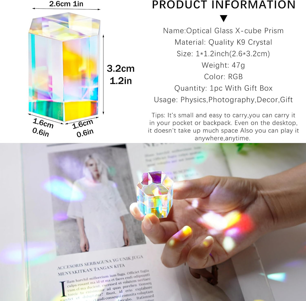 1.2'' Optical Glass RGB Dispersion Prism X-Cube for Physics Teaching - 30mm Hexagonal prism - image 2
