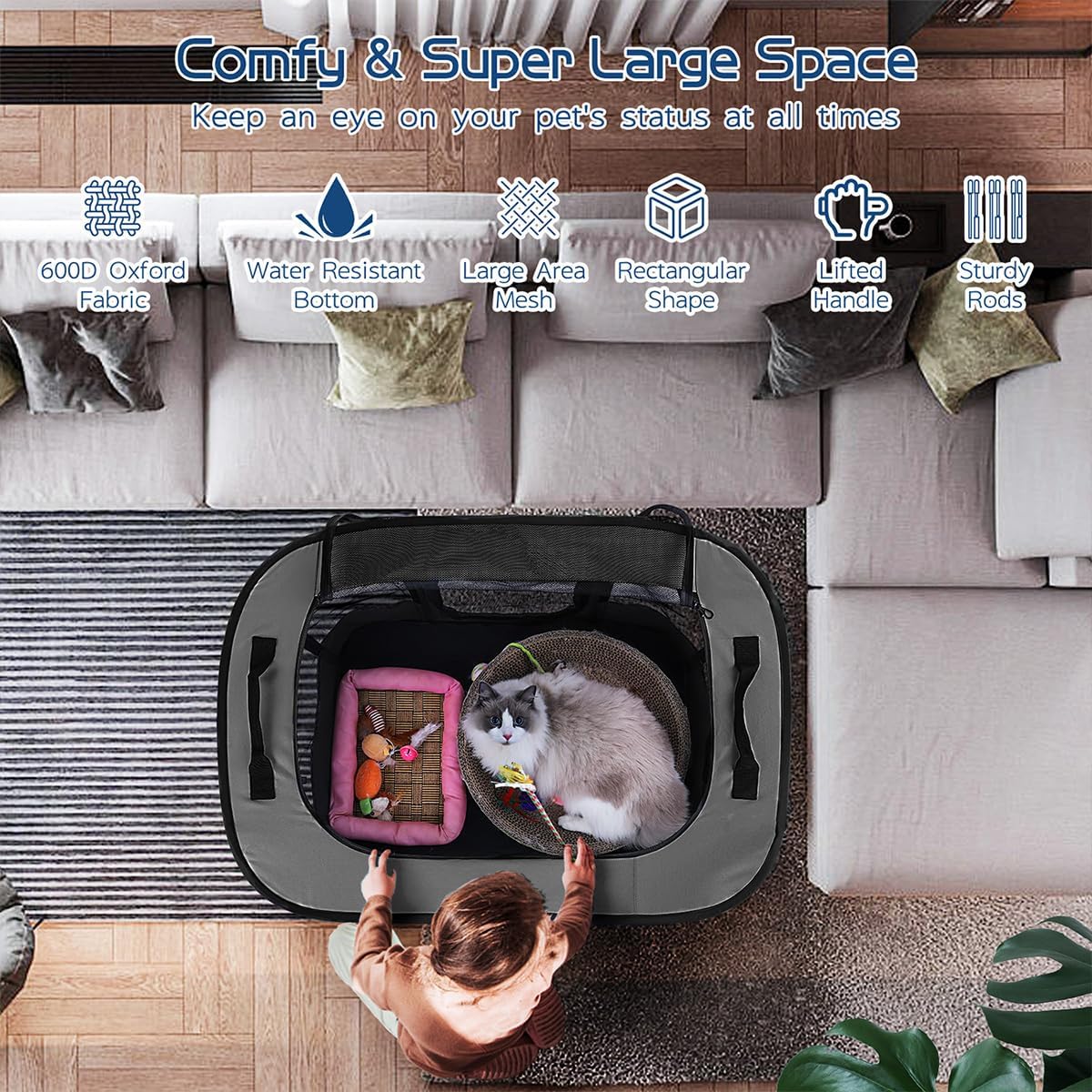 ROMANTIC BEAR Dog Playpen, Foldable Pet Puppy Cat Playpen, L - Grey / Medium(31"x23"x21") - image 2