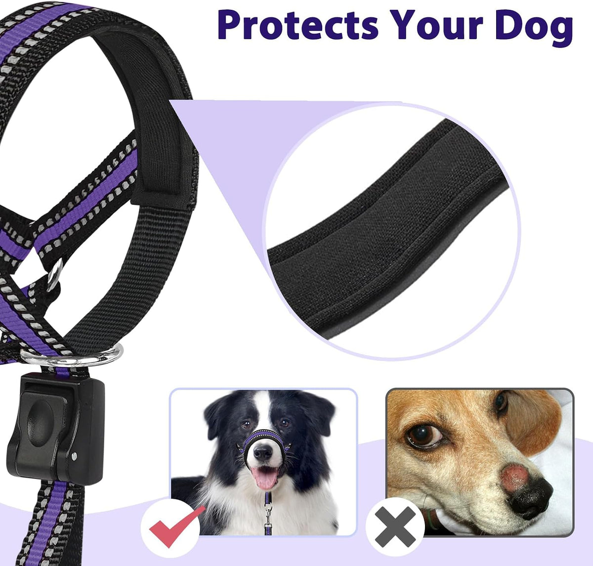 Soft Dog Head Collar, Patented Padded No Pull Training Head Halter – Essentials for Dogs - Purple / XL (Snout 12"-17.5") - image 2