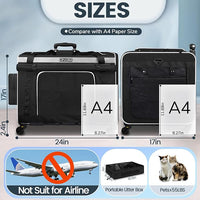 Petskd Extra Large Cat Carrier with Wheels and Litter Box, 24"x17"x17" Rolling Soft Carrier Until 55LBS Pets with 5 Breathable Mesh Windows and Locking Zippers for Long Distance Car Travel(Black)