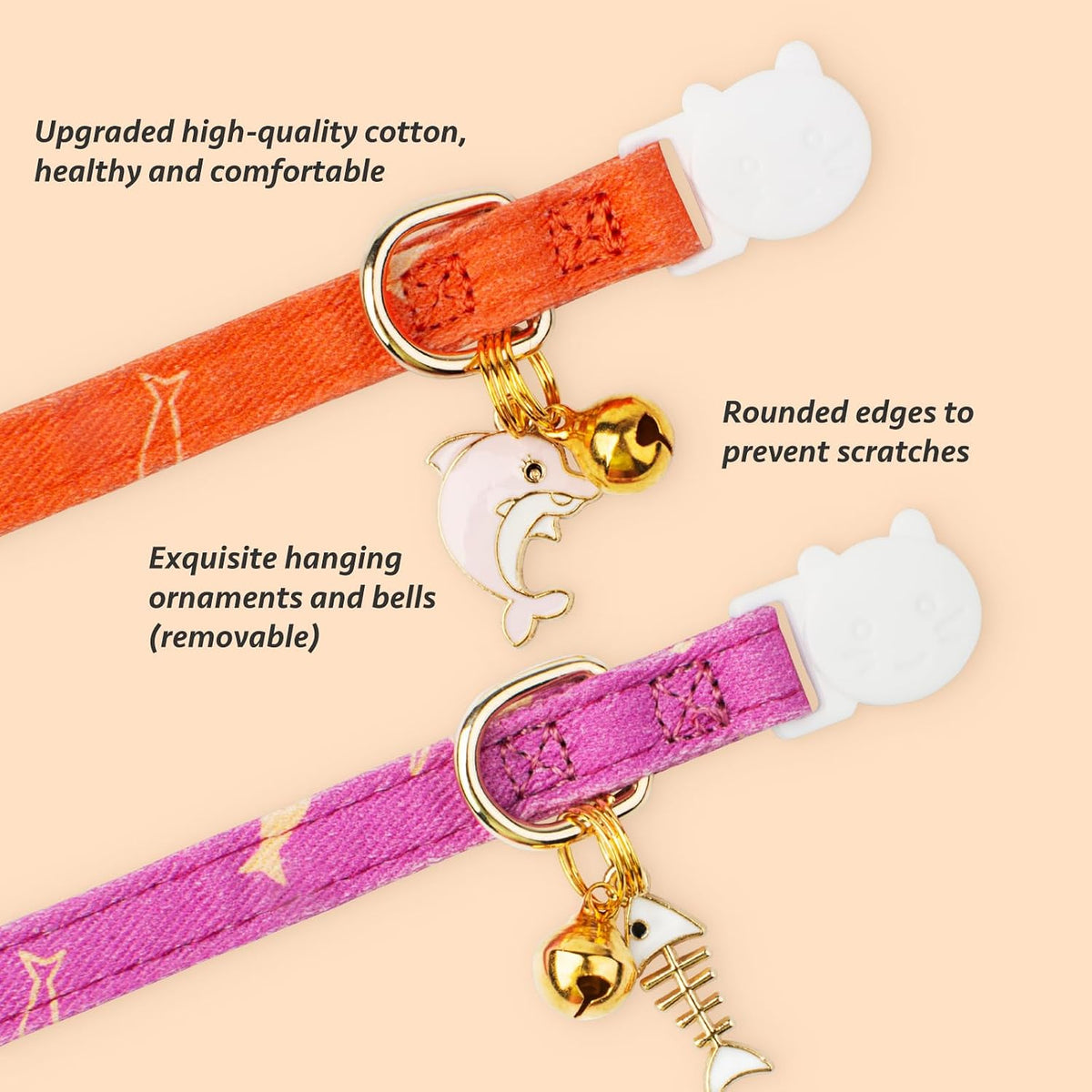 2 Pack Cotton Cat Collar Pink Strawberrie White Heart Cute Kitten - Orange&Purple - image 2