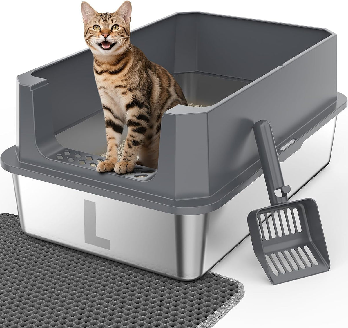 FURTIME Stainless Steel Cat Litter Box - Grey / Large