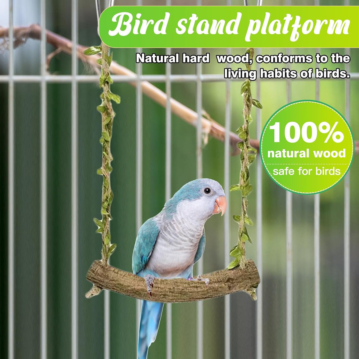 Natural Wood Bird Swing Perch with Decorative Leaves – Essentials for Birds - Green / Middle - image 3