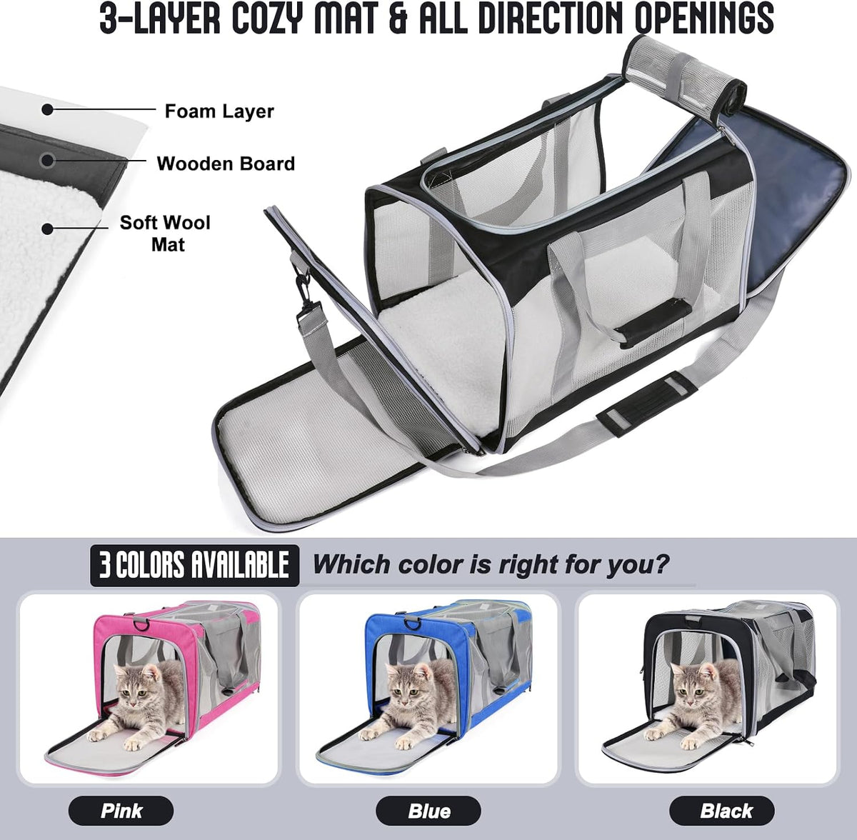 Pet Carrier for Large Cats Up to 20 Lbs - Black - image 3
