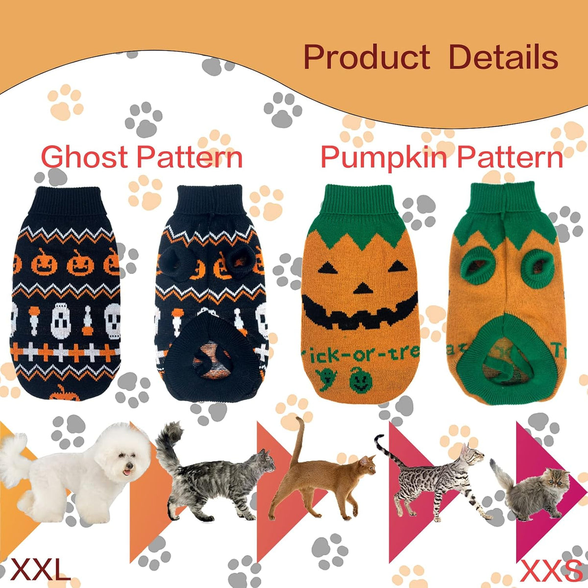2 pack pet Halloween sweaters in orange pumpkin and black skull designs for cats and small dogs - view 2