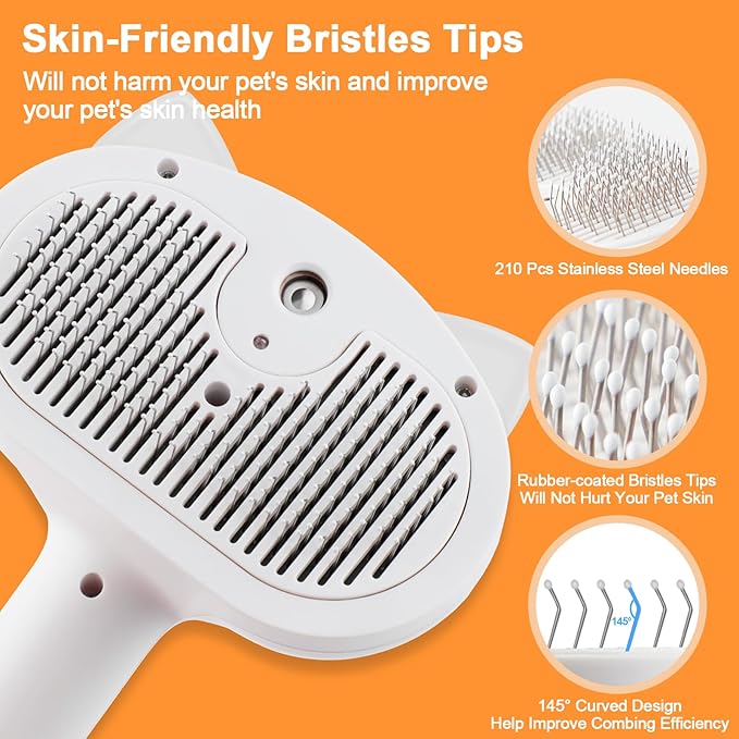 Cat Steam Brush for Shedding, 4 in 1 Steamy Cat Brush with Release Button, Self Cleaning Metal Pet Misting Hair Comb with Handle for Grooming Kitten Dog(White)