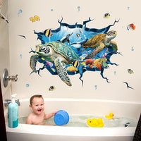decalmile 3D Under The Sea Turtle Wall Decals Underwater Ocean Fish Broken Wall Stickers Kids Bedroom Living Room Bathroom Wall Decor
