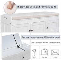 Storage Bench with 3 Shutter-Shaped Doors, Pine Wood Shoe Bench with Removable Cushion and Hidden Storage Space for Living Room, Entryway 43.5" L x 16" W x 18" H (White)