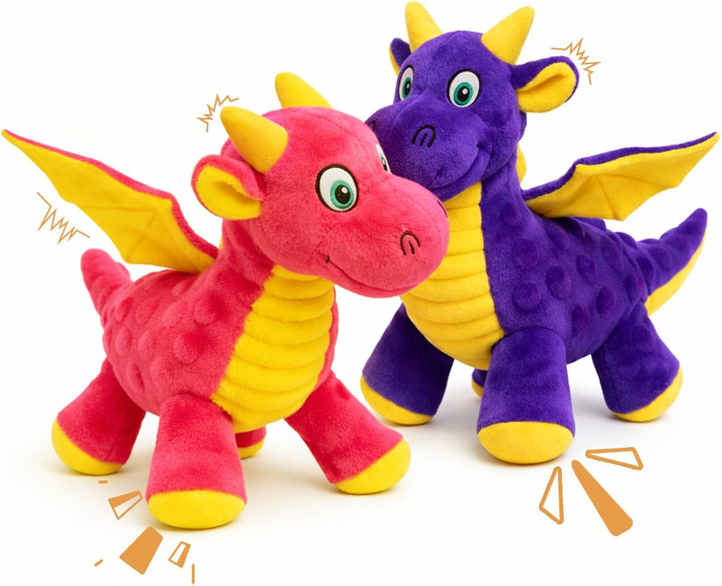 Squeaky Dog Toy, Plush Dragon with 5 Squeakers and Crinkle Wings - Pink & Purple