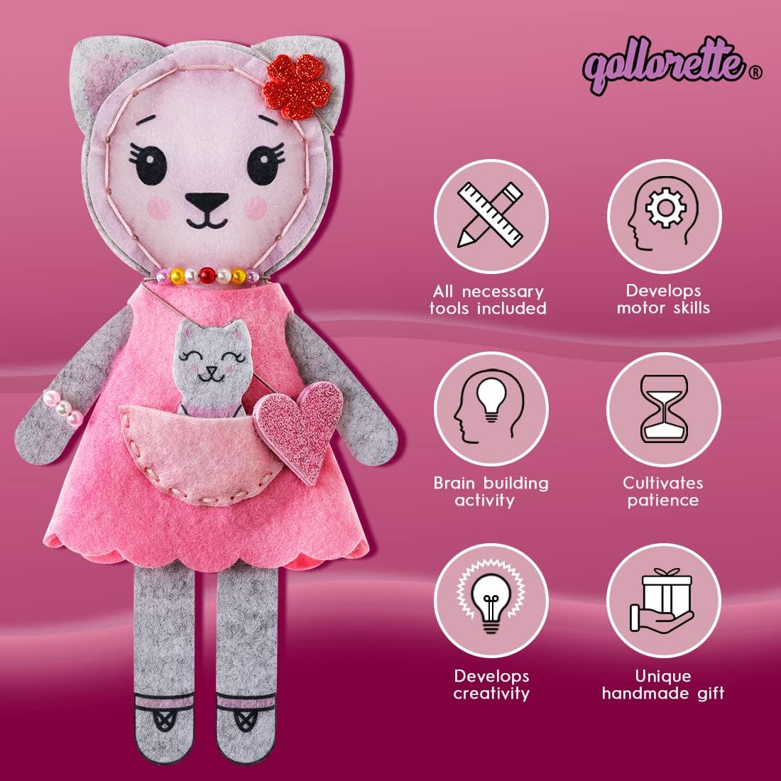 Qollorette felt sewing kit for kids with a handmade kitty stuffed toy and outfits - view 6
