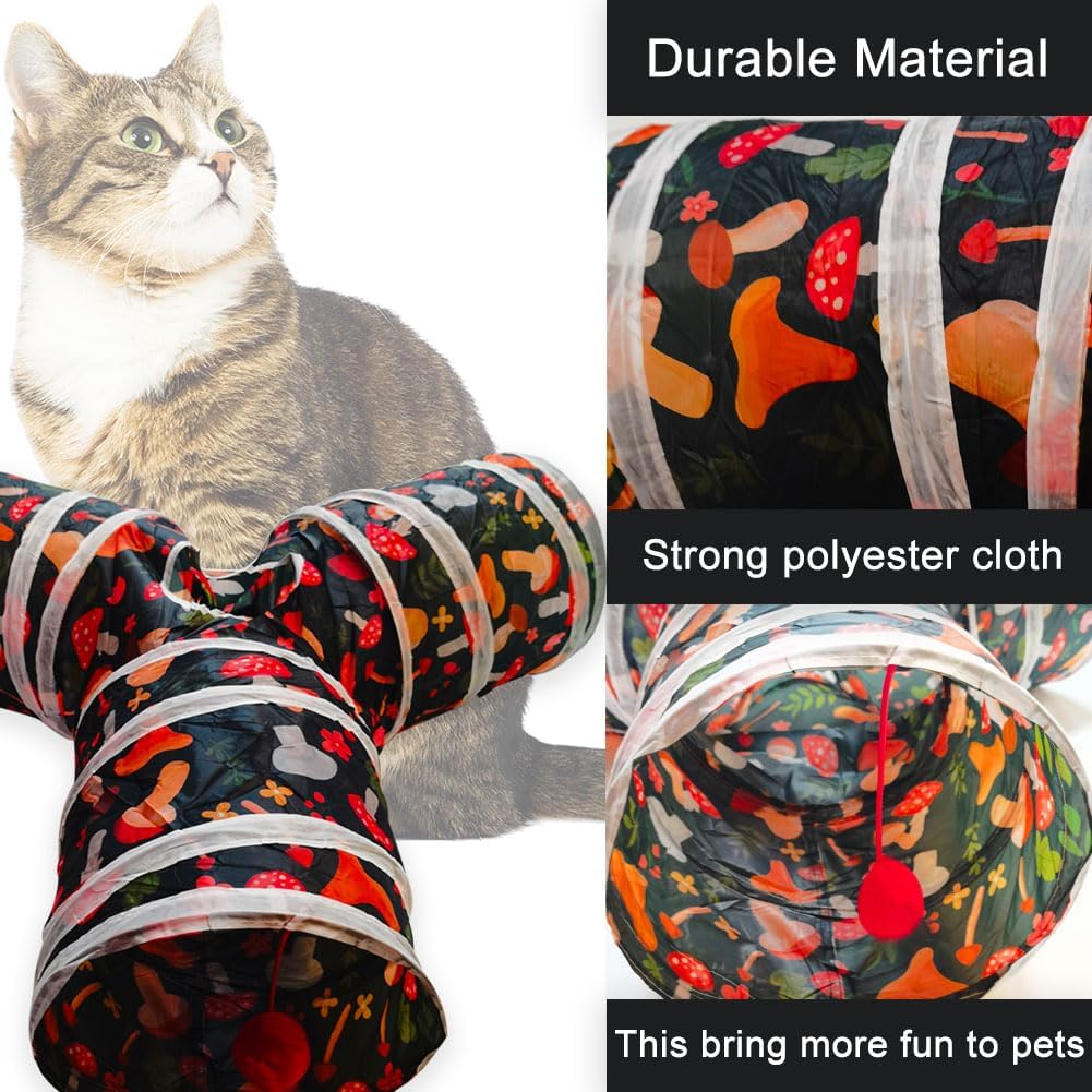 Cat Tunnel Tube Toys, 3 Ways Tunnels for Indoor Cats with Play Ball – Essentials for Cats - Mushroom - image 3