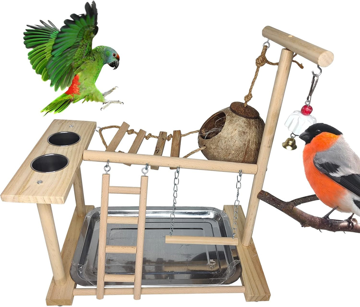 Bird Playground Wooden Parrot Stand Parakeet Perch Bird Play Gym – Essentials for Birds - Bird Playground with Coconut Bird Nest