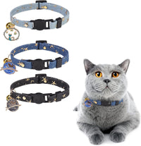 Cat Collar Breakaway, Soft Kitten Collar with Bell, Daisy - Denim (Pack of 3)