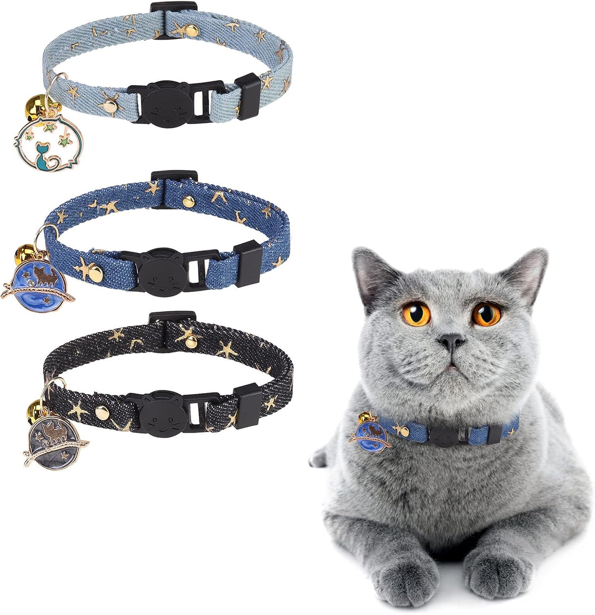 Cat Collar Breakaway, Soft Kitten Collar with Bell, Daisy - Denim (Pack of 3)