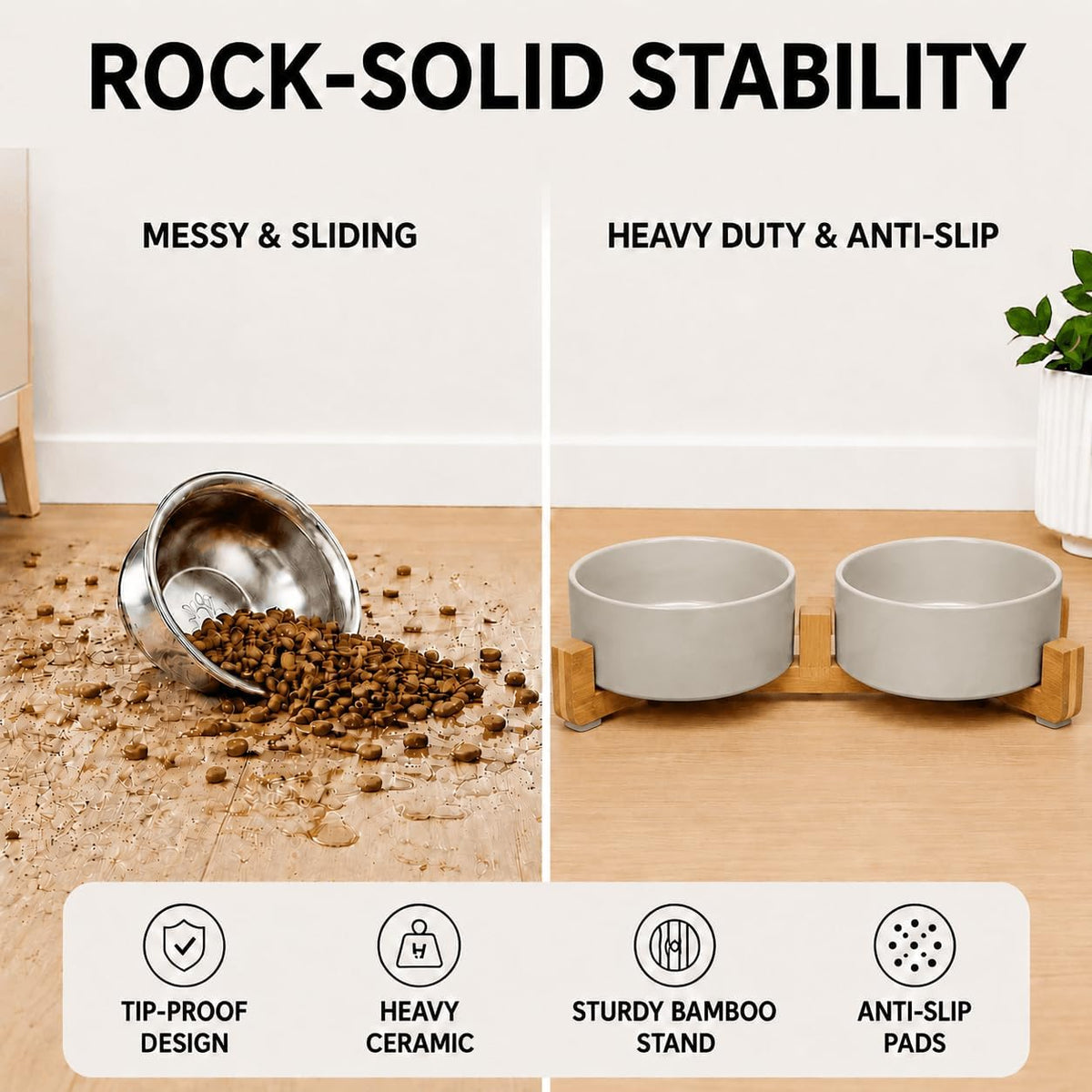 SPUNKYJUNKY Ceramic Dog and Cat Bowl with Wood Stand Non-Slip Matte - 5 cups / Grey × 2 - image 3