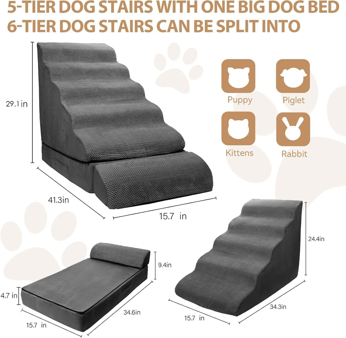 Dog Stairs for High Beds 30-36" H 6-Step Pet Stairs for Large Dogs – Essentials for Dogs - Dark Gray - image 3