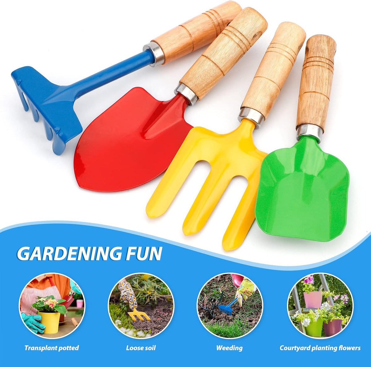 Anzmtosn kids garden tool set with rake, spade, hoe and leaf rake in a mesh bag - view 4