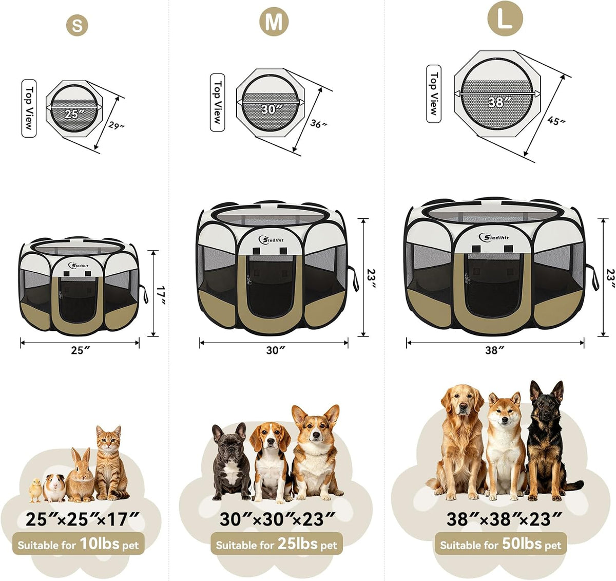 Siedihit Dog Cat Playpen, Puppy Pet Playpen Indoor for Small Dog Crate Tent Cage Outdoor, Portable - Khaki / Small - image 2