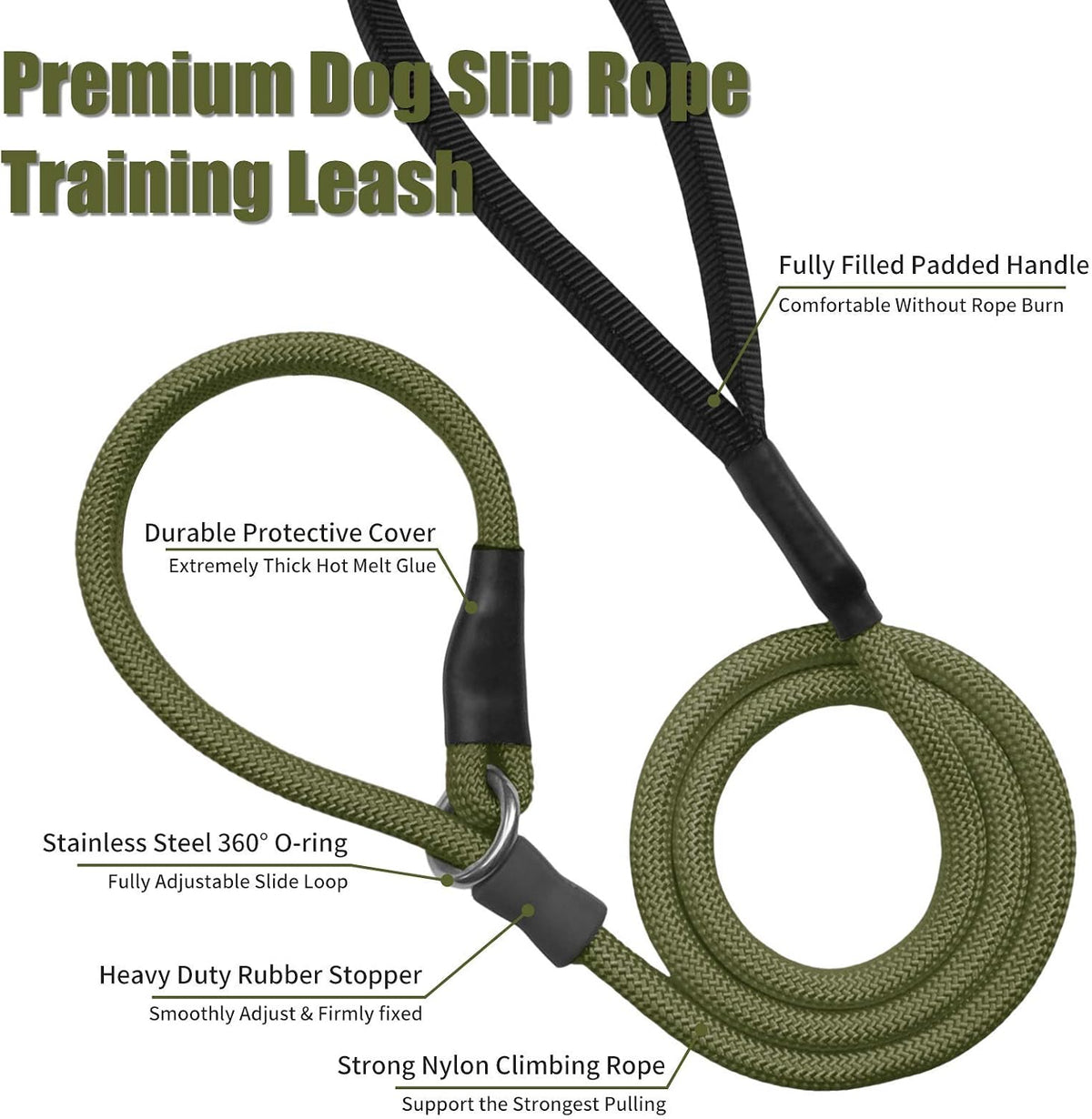 Strong Slip Rope Dog Training Leash - 1/2" x 5ft / Army Green - image 3