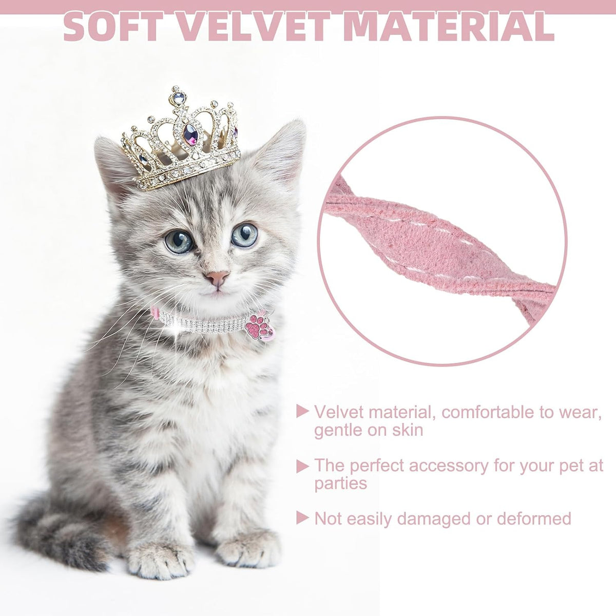 2 Pack Soft Velvet Safe Bling Diamond Cat Collars with Bells – Essentials for Cats - Pink / 7"-9" For Cats - image 2