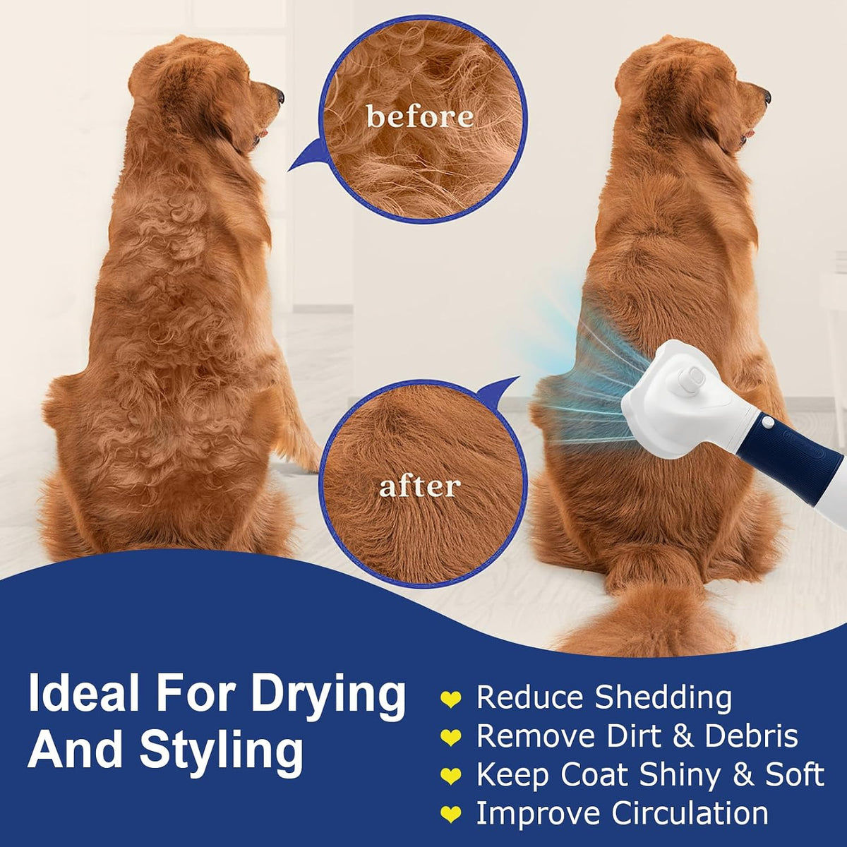 3-in-1 Pet Hair Dryer & Slicker Brush for Dogs & Cats, Portable - blue - image 2
