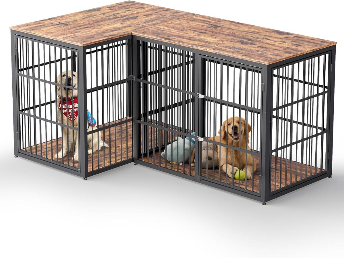 Lyromix 86.62'' Dog Crate Furniture Large Breed TV Stand, Grey – Essentials for Dogs - Retro Brown / 76.4"L x 29.1"W x 37.6"H / Corner Crate