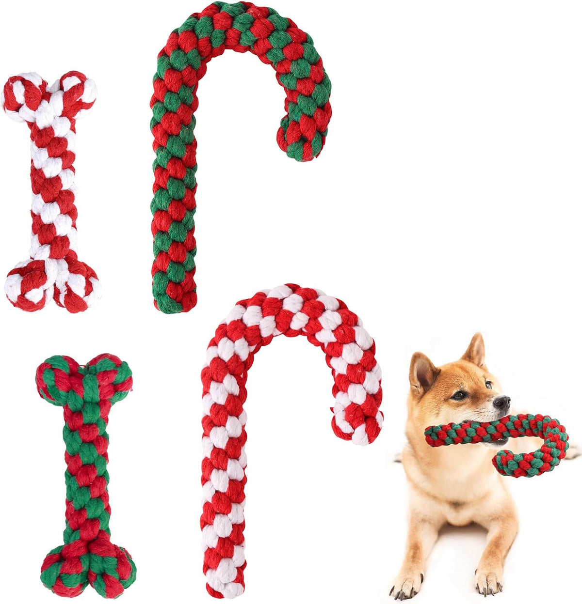 Christmas Dog Toys, Durable Crutch Bone Rope Toys 4 Pack - Crutches & Bones