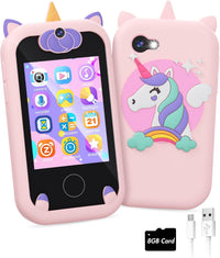Joozfee kids smart phone toy in pink with unicorn design, dual camera and lanyard