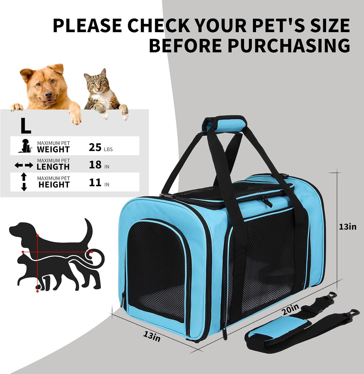 Cat Dog Carriers Soft-Sided - 20.0"L x 13.0"W x 13.0"H / blue - image 2
