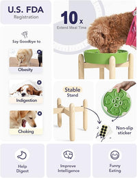 LE TAUCI Ceramic Slow Feeder Dog Bowls Elevated for Small and Medium Breed, Dog Bowls with Wooden Stand, 1.5 Cups Pet Dishes to Slow Down Eating, Anti-Gulping Pet Feeding Dishes, Clover Green
