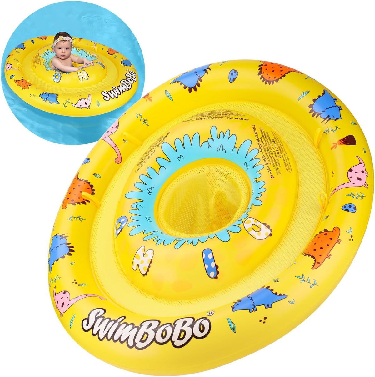Inflatable Baby Swimming Float with Safety Seat Fun Swimming Pool - Colorful Dinosaur