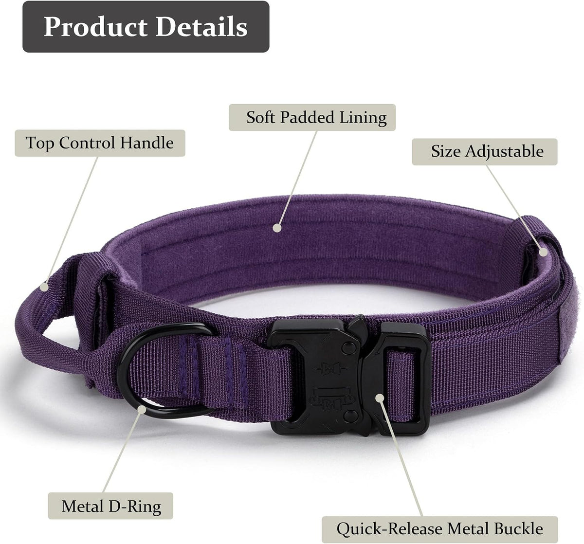 Tactical Dog Collar, Adjustable Military Training Nylon Pet Collar, Black L – Essentials for Dogs - Purple / Small :Width 1",Neck 11.4-13.7" - image 3