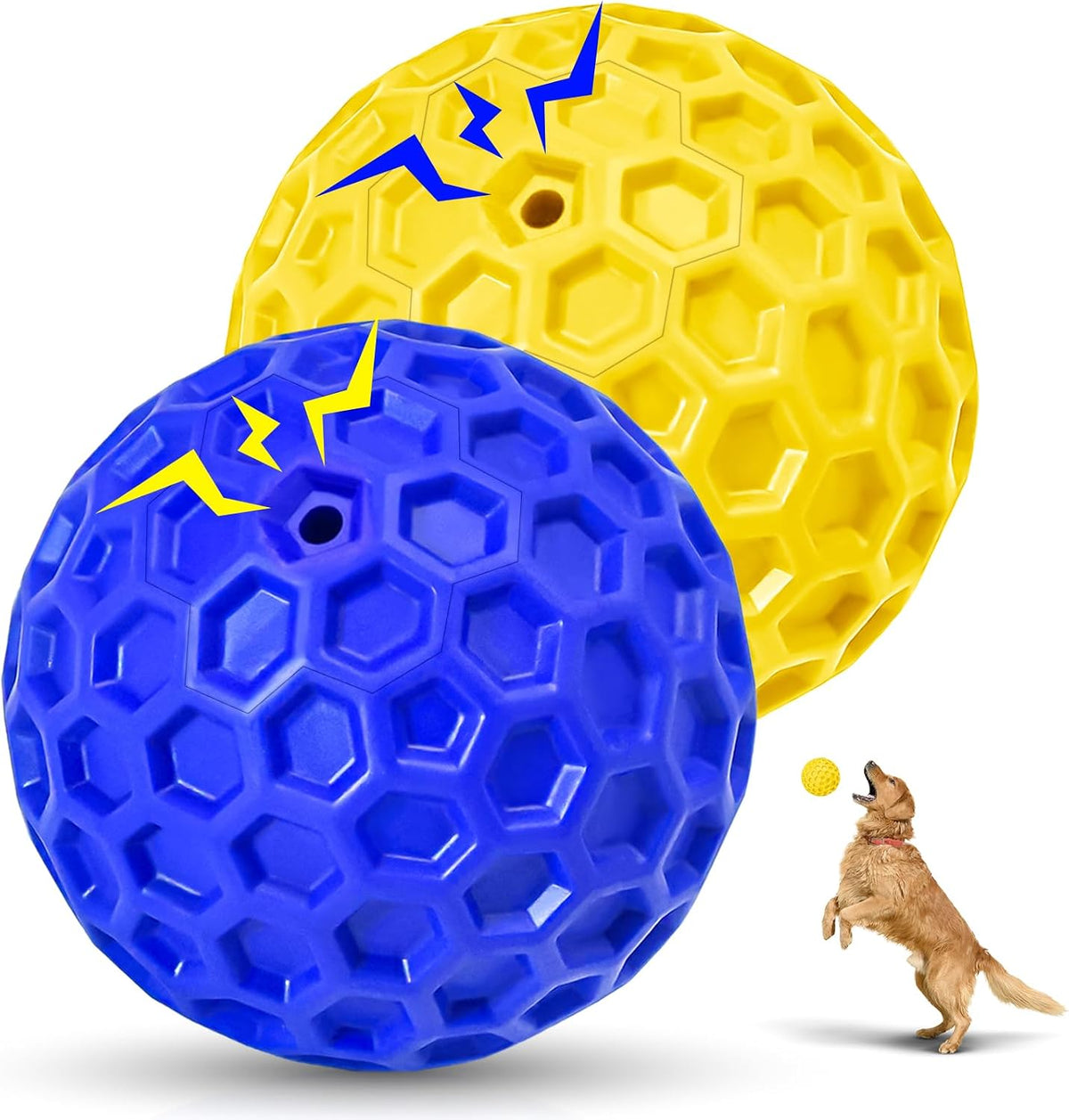 2 Pack Indestructible Squeaky Dog Balls for Aggressive Chewers - Blue+Yellow