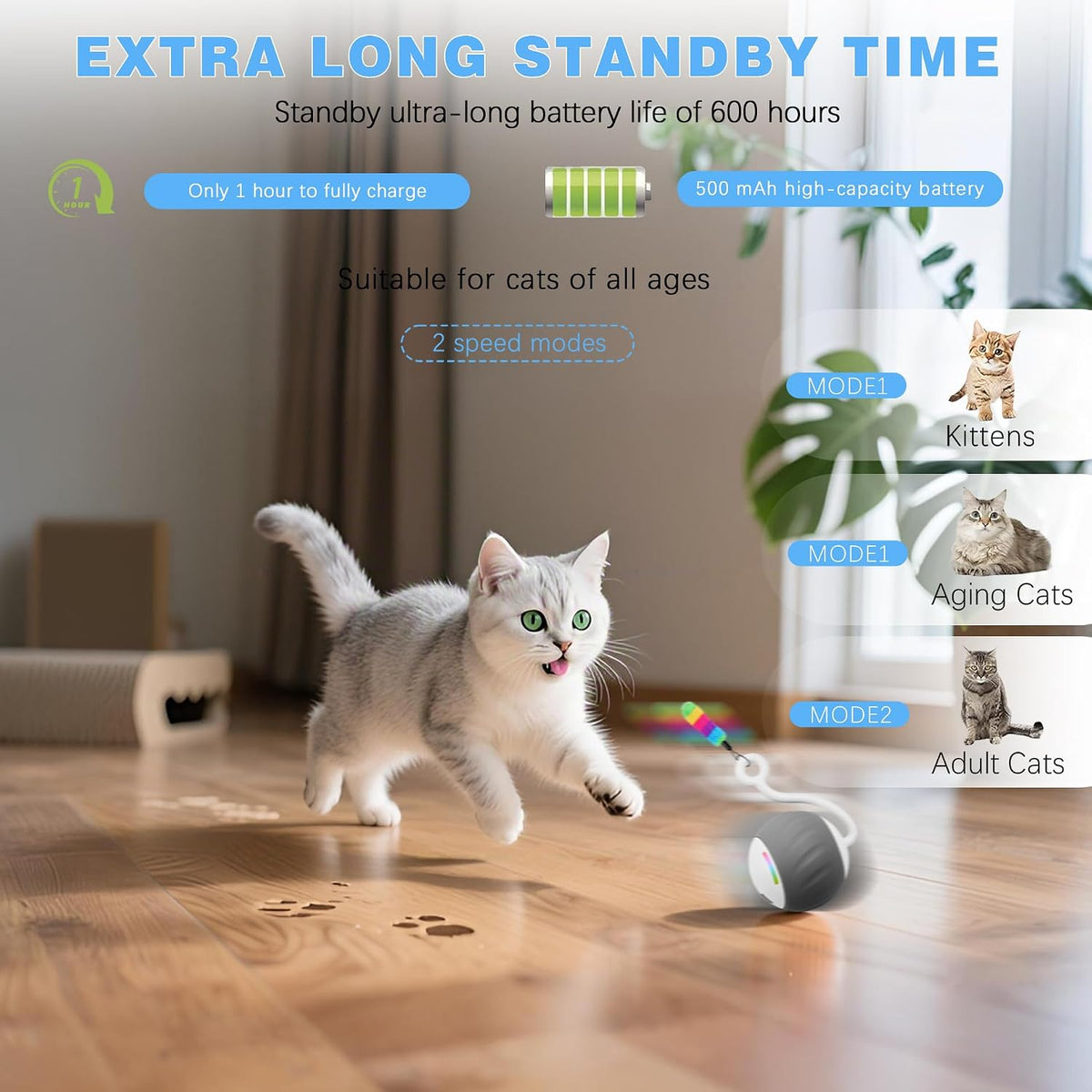 Upgraded 2.36 Inch Large Interactive Cat Toys Ball for Indoor Cats - Gray - image 2