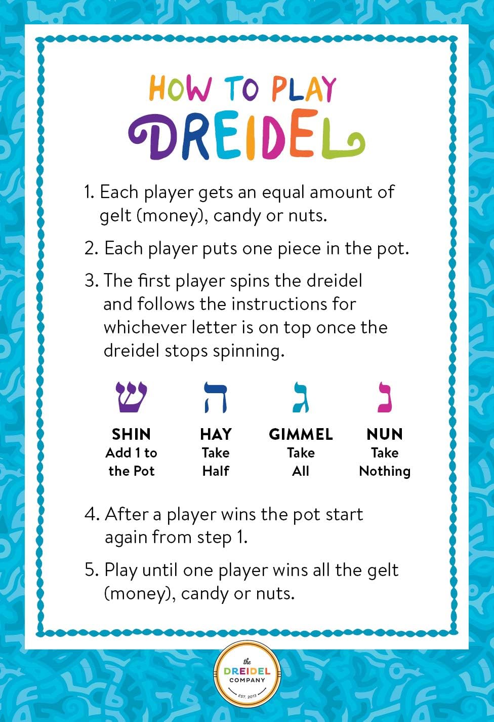 The Dreidel Company multicolored metallic plastic Hanukkah dreidels with English transliteration - view 14