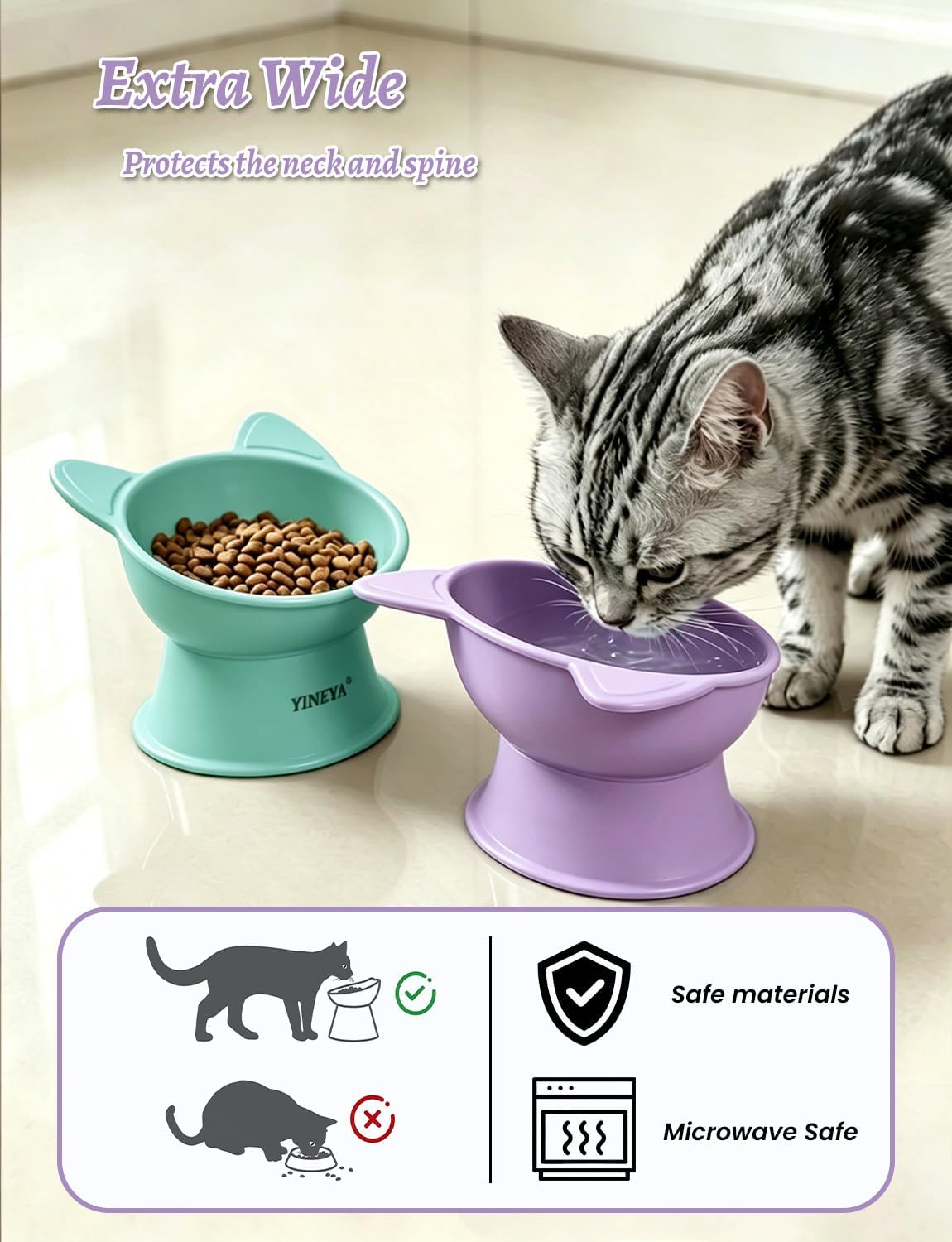 YINEYA 2 Pack Cat Food Bowls Elevated Design for Neck Comfort - Purple&Cyan - image 3