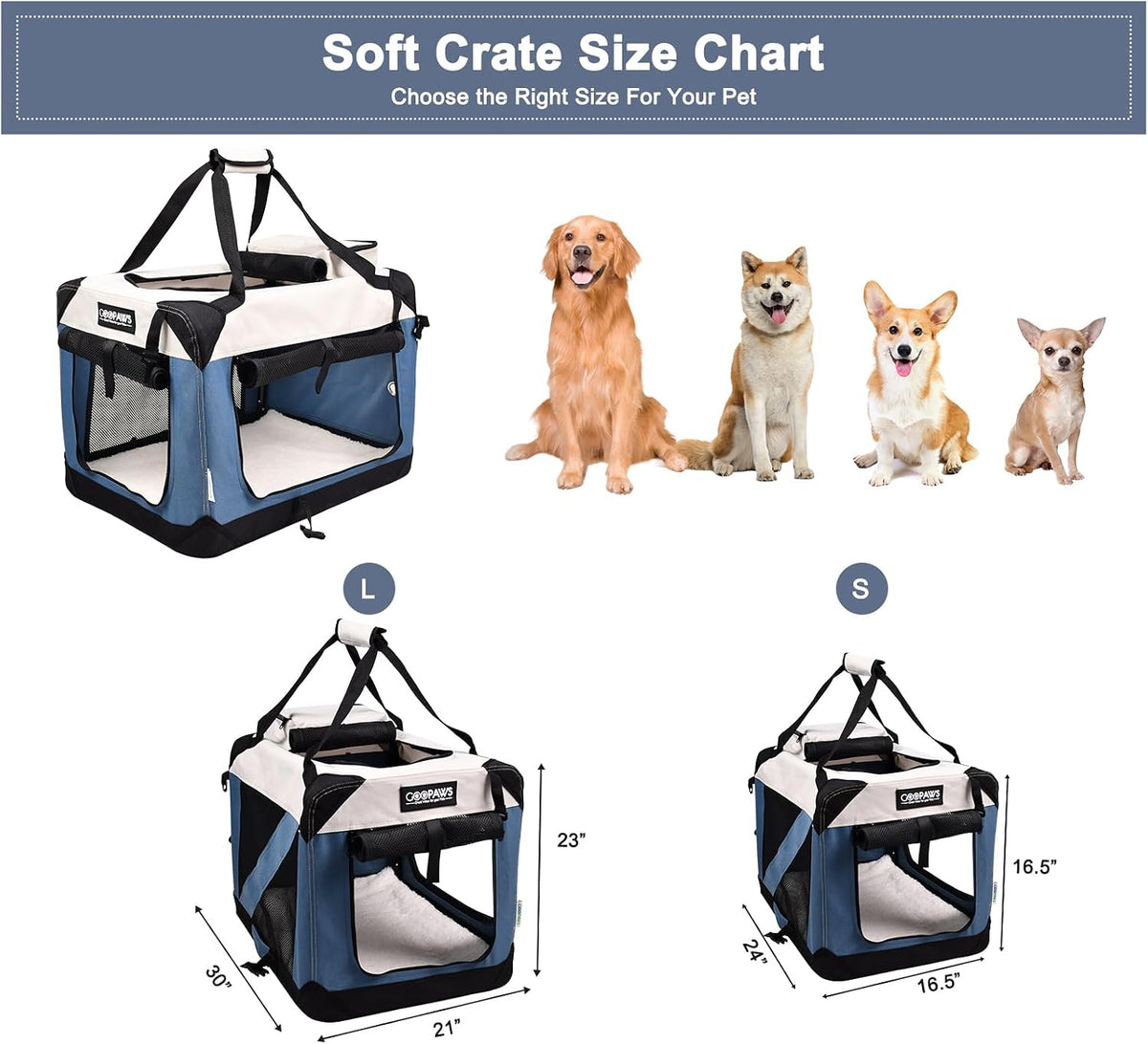JESPET 3 Door Soft Dog Crates Kennel - 6-Lake Blue / Small(24"L x 16.5"W x 16.5"H) - image 3