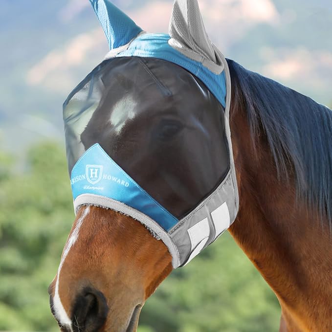 Harrison Howard Pro Luminous Horse Fly Mask Standard with Ears UV Protection for Horse Azure Blue/Silver XL Extra Full Size