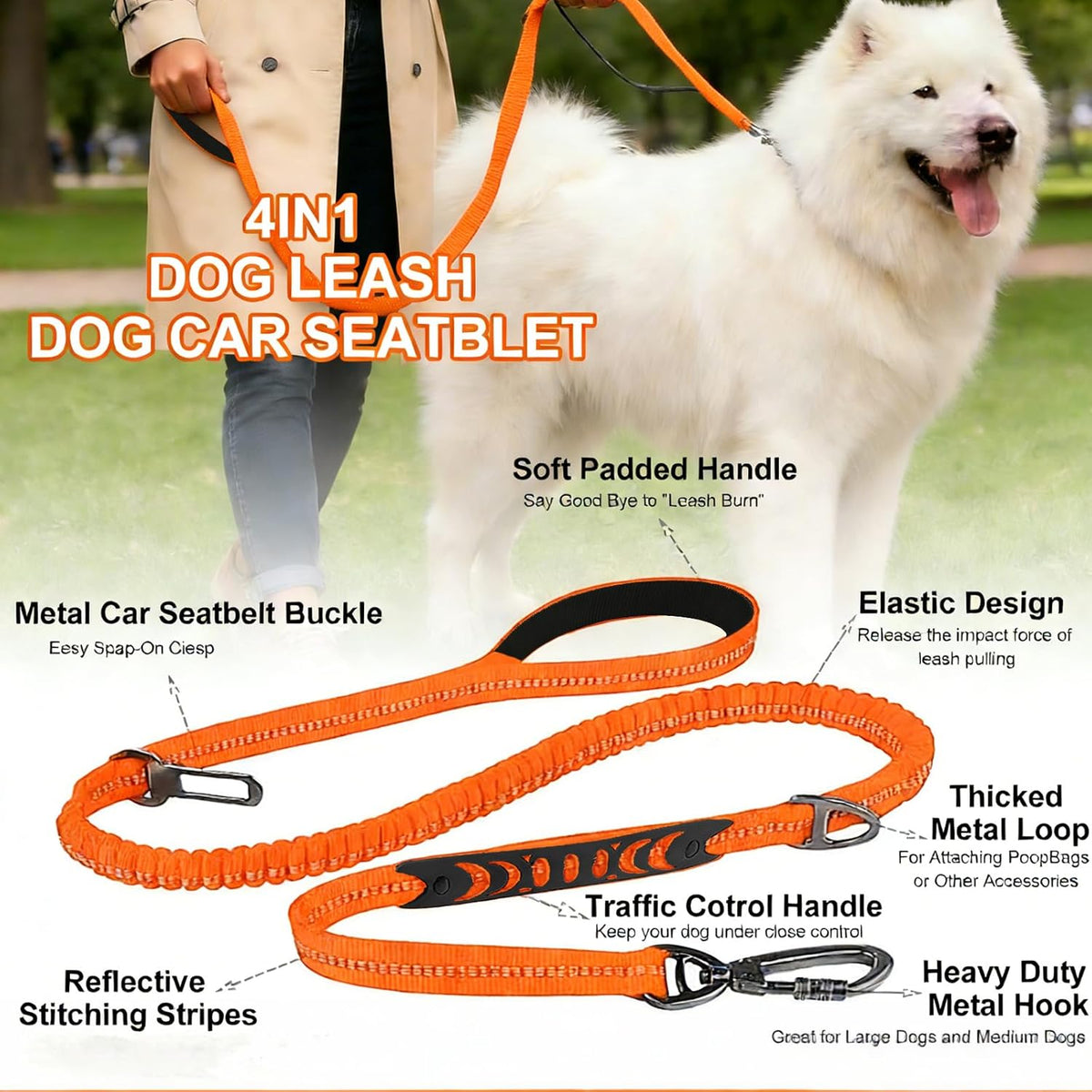 Dog Leash Heavy Duty, Bungee Leash Reflective Car Seat Belt for Dogs Brown – Essentials for Dogs - Oragne - image 3