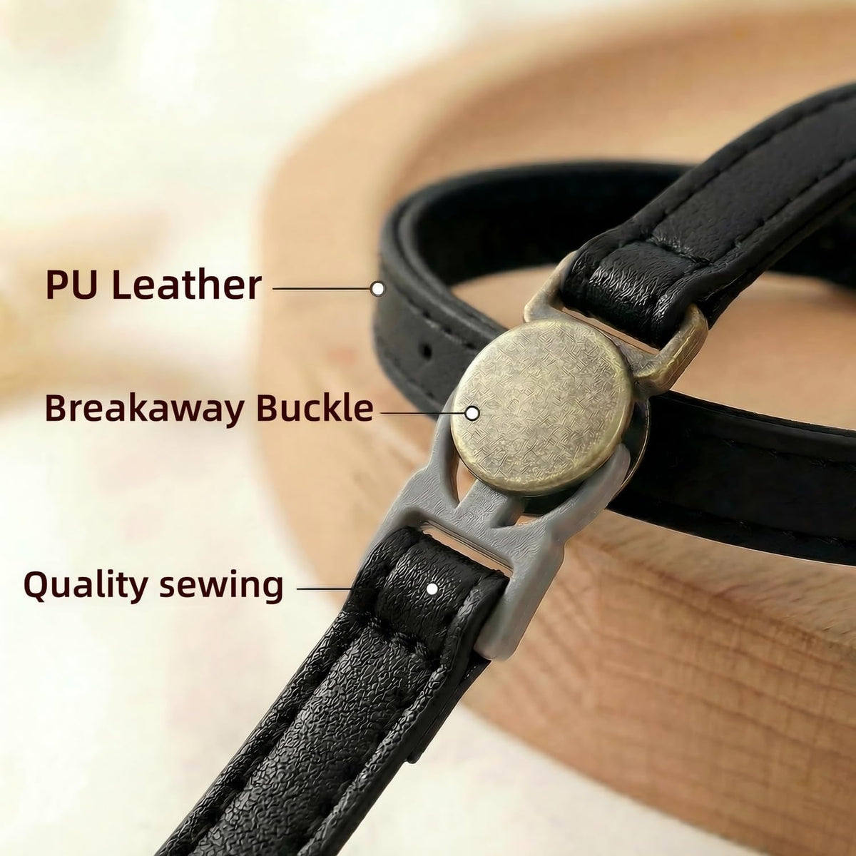 THAIN Leather Cat Collar with Bell Breakaway, Adjustable - Black - image 3