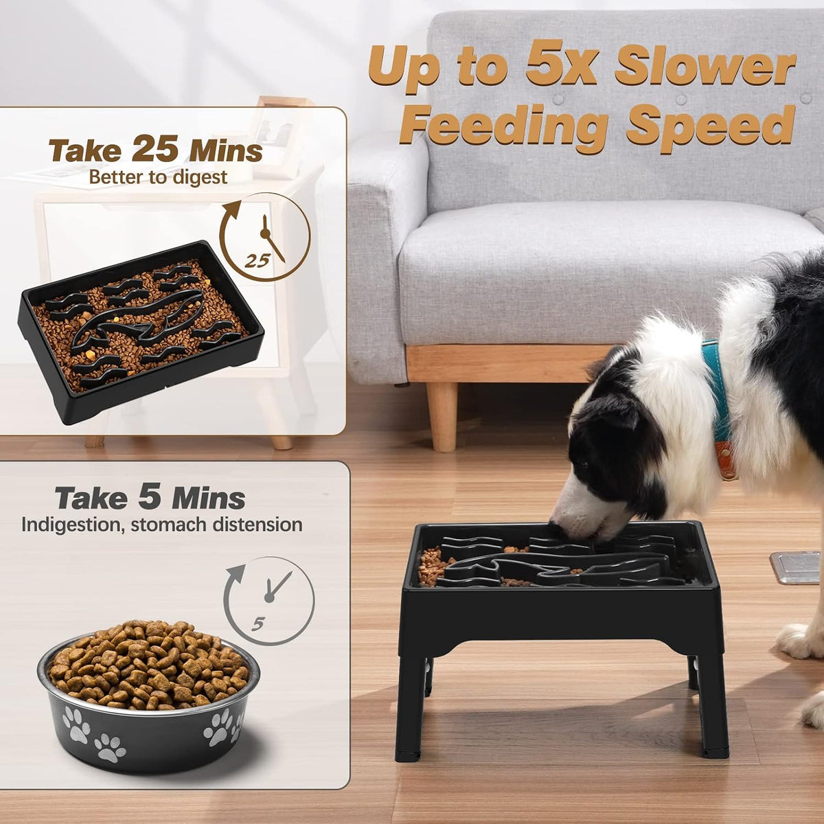 9 Cups Elevated Slow Feeder Dog Bowls 4 Adjustable Heights - Black - image 3