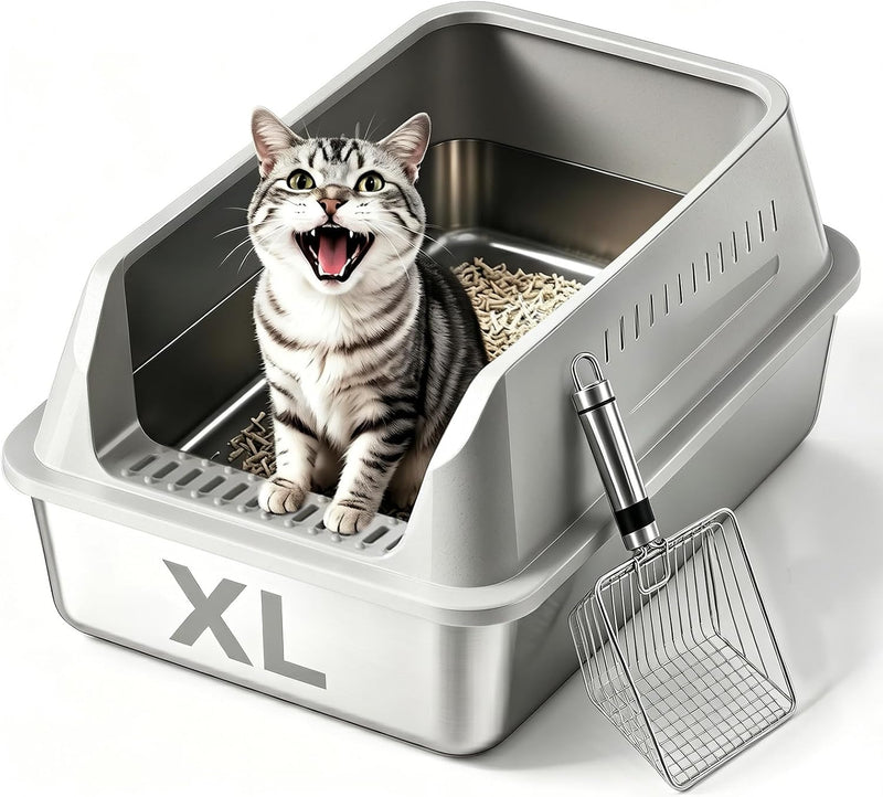 XL Enclosed Stainless Steel Cat Litter Box with Lid - gray