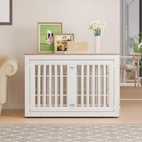 48" Heavy Duty Dog Crate Furniture for Small,Medium and Large Dogs,Rustic Wooden Dog Cage Kennel Indoor Furniture with Waterproof Top,Decorative Pet House Side End Table (White & Wood)