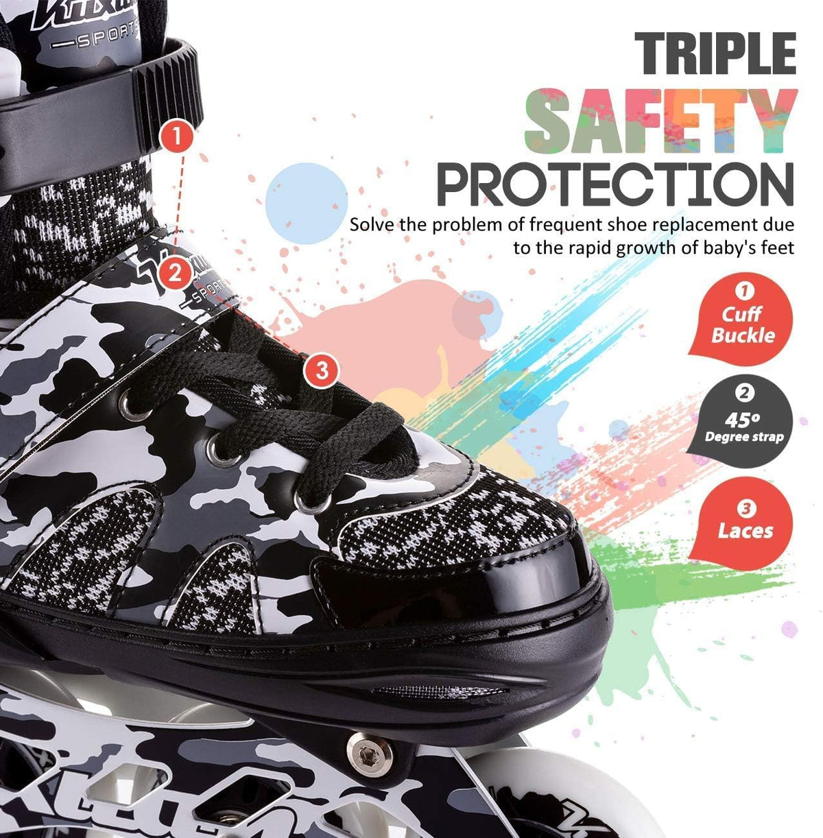 Kuxuan Boys Adjustable Inline Skates with Light up Wheels for Kids - Black Camo / Medium(Kids 13-3 US) - image 4