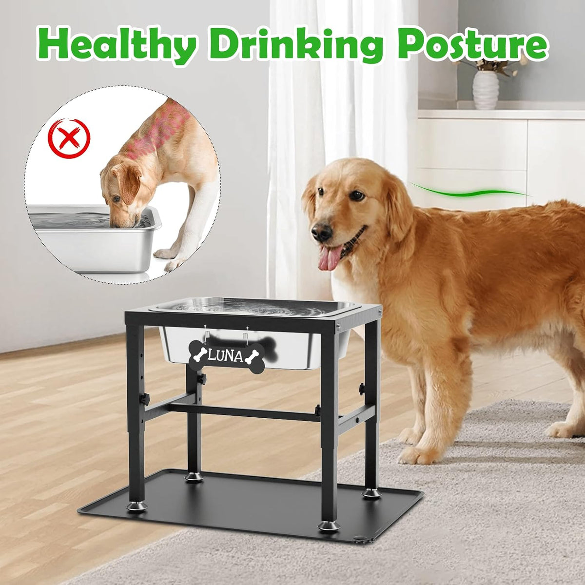 1.2 Gallon Elevated Large Dog Water Bowl with Mat - Black-2 gal & mat / Height: 9.4-14.2"
